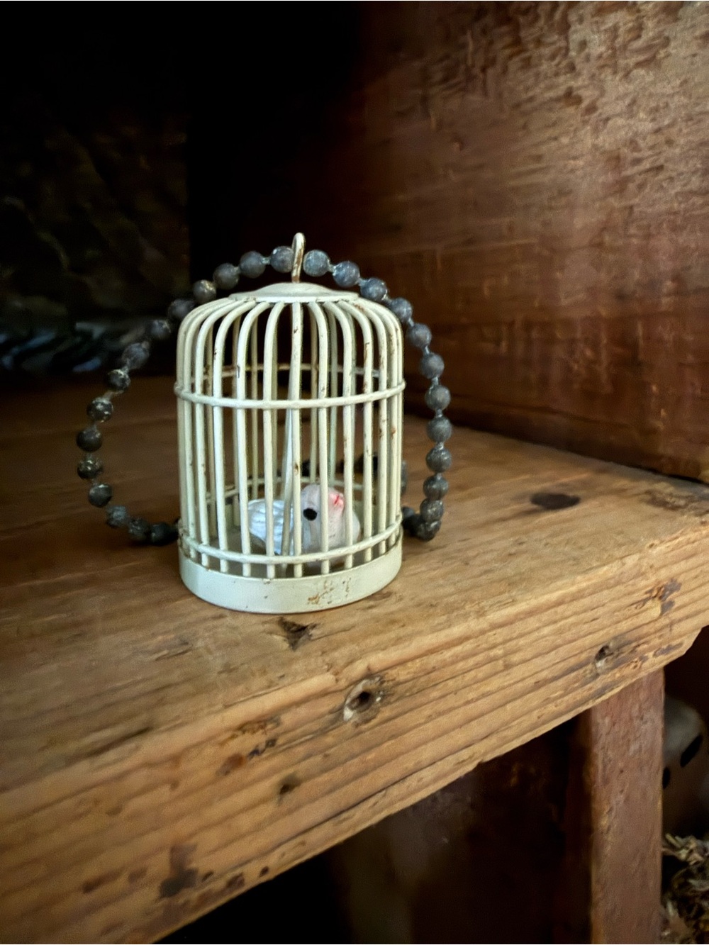Vintage Rustic Aged Cream Decorative Bird Cage Keychain - Miniature Doll House